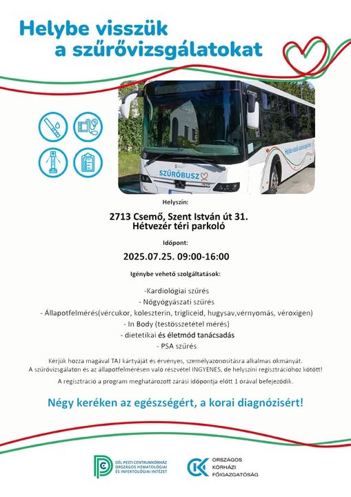 Csemőbe érkezik a szűrőbusz