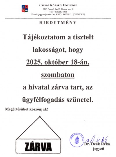 Október 18-án a hivatal zárva tart