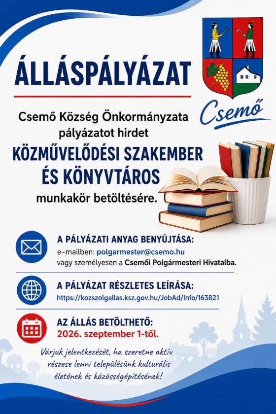 ÁLLÁSPÁLYÁZAT közművelődési szakember és könyvtáros munkakör/feladatkör betöltésére