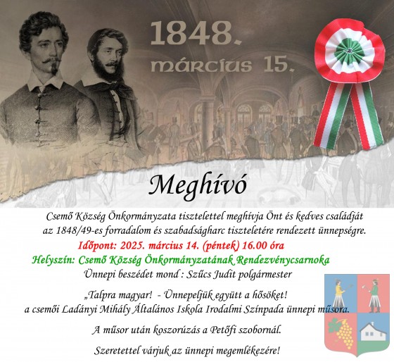 Meghívó az 1848/49-es forradalom és szabadságharc tiszteletére rendezett ünnepségre