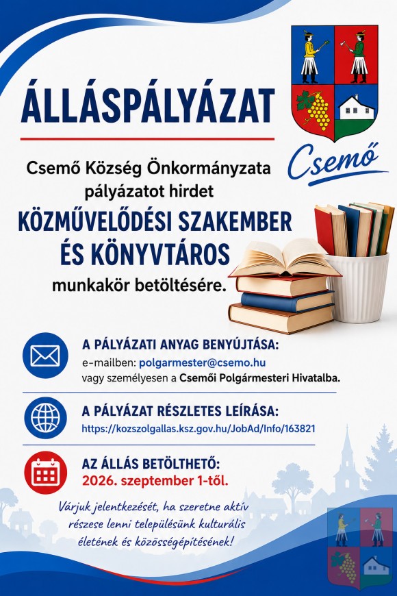 ÁLLÁSPÁLYÁZAT közművelődési szakember és könyvtáros munkakör/feladatkör betöltésére.